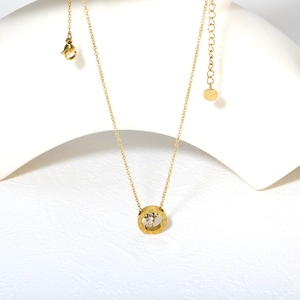 18K gold Roman numeral double ring pendant necklace with square cz crystal on white stand
