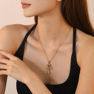 Collier Pendentif Croix Ankh Égyptienne Acier Inoxydable 304 Zirconium Pave Chaîne Corde Bijoux Pour Femmes