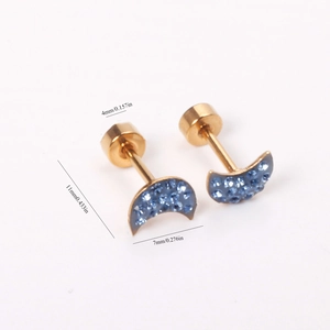 Gold moon screw back earrings with blue crystals measuring 7mm by 11mm dimensions