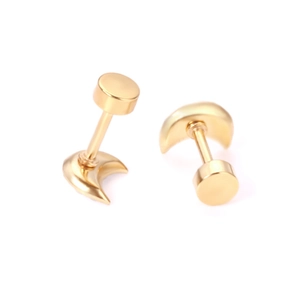 Macro view of golden crescent moon barbell earrings with screw-back closures on white back