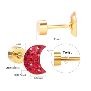 Gold plated stainless steel moon stud earrings with red crystals and screw back