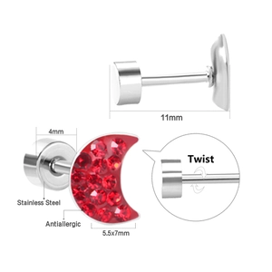 Detailed size specifications for crescent moon ear studs with red rhinestones and twist back