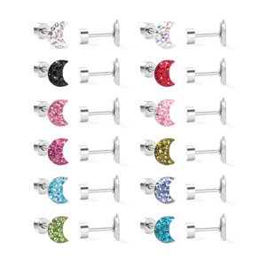 Set of 12 multi-color moon stainless steel screw back earrings with crystal paving