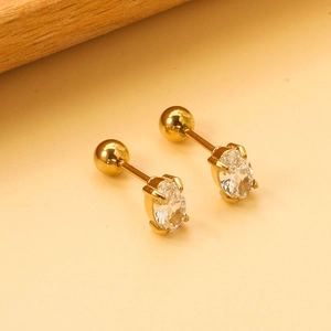 Detail of oval-cut zircon earrings with gold plating and secure screw-back ball closures