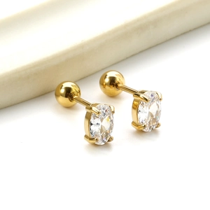 Elegant gold stainless steel stud earrings featuring oval cubic zirconia with screw back