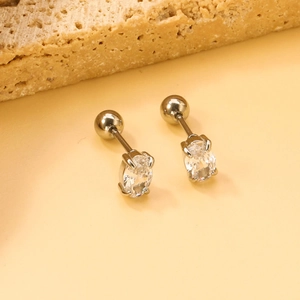 Oval white zircon stud earrings with screw-back design in polished stainless steel