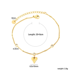 18K gold plated stainless steel heart anklet with crystal beads and 20+5cm chain