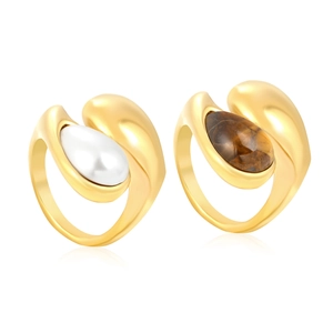 18K gold plated asymmetric open ring featuring tiger eye stone and white water drop inlay