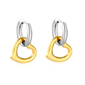 Minimalist stainless steel heart dangle earrings with gold and silver two-tone finish