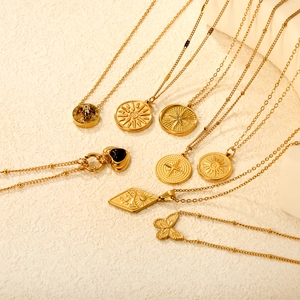 Vintage 18K Gold Plated Stainless Steel Necklace For Women Sun Star Heart Butterfly Roman Numeral Coin Pendant Jewelry