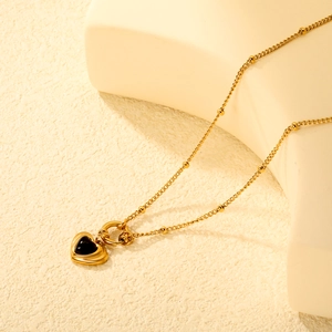 Vintage 18K gold plated necklace with heart pendant and black enamel in French style