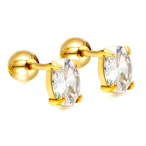 Gold oval white crystal stud earrings with screw-on ball back in stainless steel