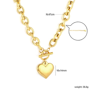 Hip-hop style gold thick chain necklace with heart pendant and toggle clasp 47cm