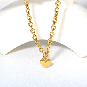 Chunky gold link chain necklace with a heart pendant and toggle OT clasp for women