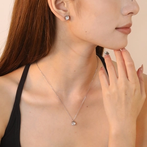 Stainless Steel Necklace And Earrings Round Cubic Zirconia Prong Setting Simple Elegant Women Jewelry Silver Tone