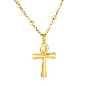 Gold Ankh cross pendant necklace with twisted rope chain and decorative metal beads