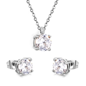 Elegant four-claw zircon jewelry set with a minimalist silver necklace and matching stud earrings