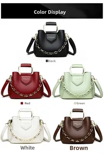 Detail showing five colors of bucket bags with metal handles and thick chain straps