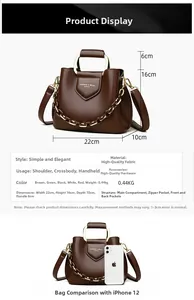 Detailed dimensions and internal structure diagram for brown leather bucket bag