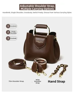Detail of dark brown leather bucket bag showing three adjustable and detachable straps