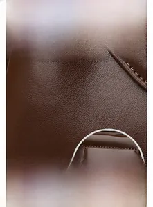 Detail of dark brown lychee leather texture with gold Fashion and Bags embossed text