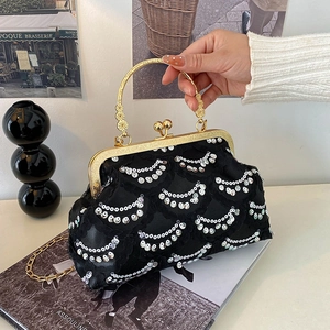 Sequin Evening Bag Women Vintage Lace Wave Pattern Clutch Purse With Metal Carved Handle Detachable Chain Crossbody