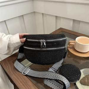 Damen Mode Strass Brusttasche Halbmond Umhängetasche Mit Abnehmbarer Runder Geldbörse Breiter Zickzack Gurt Gürteltasche Schwarz