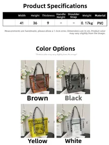 Detail view of transparent PVC tote bag with stylish lettered straps in four vibrant colors