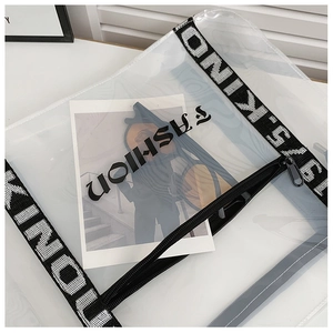 Close-up of clear PVC tote bag showing waterproof texture and woven letter strap