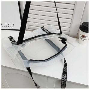 Detail of transparent PVC tote bag with black zipper and printed nylon strap