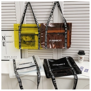 Multiple color options of transparent PVC tote bags with Fashion print and woven straps