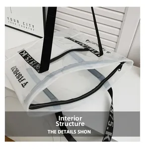 Close-up of clear PVC tote bag showing spacious interior and secure zipper closure