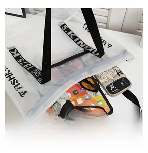 Transparent PVC tote bag showing large capacity for tablet, sunglasses, and umbrella