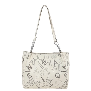 Large beige tote bag with black letter prints and metal chain straps for women's daily commute