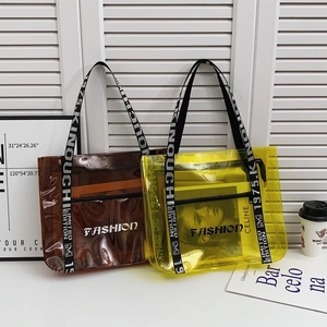 Women Fashion Transparent PVC Tote Bag Large Capacity Waterproof Shoulder Bag With Letter Webbing Straps Beach Casual Bag