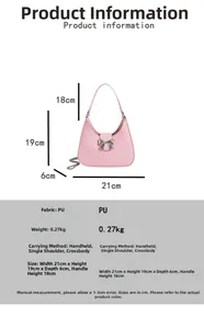 Pink crescent hobo bag specifications showing size 21x19x6cm and silver bow detail