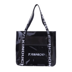 Transparent black glossy tote bag with fashion letter print and webbed shoulder straps