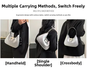 Three-way carry demonstration showing silver crescent bag as handbag, shoulder, and crossbody