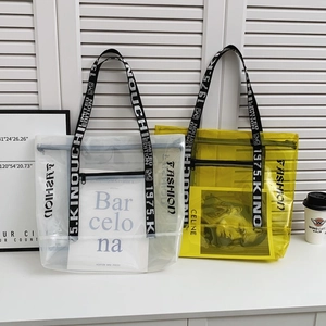 Women Large Capacity Tote Bag Transparent PVC PU Leather Letter Print Chic Modern Casual Streetwear Shoulder Handbag