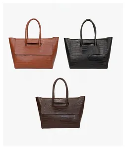 Detailed comparison of large crocodile pattern tote bags in brown, black, and coffee colors
