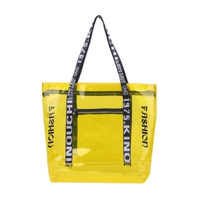 Transparent yellow PVC tote bag with black Fashion print and top zipper closure