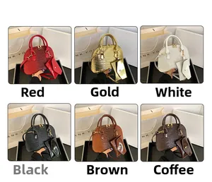 Detailed grid view of crocodile pattern shell handbags in six different colors with gold hardware