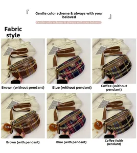 Detail view of plaid tweed belt bags in brown, blue and coffee with chain straps