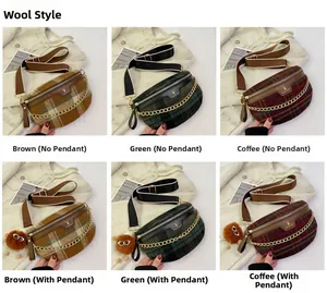 Detail view of tweed-style crossbody bags in various colors with decorative gold chains