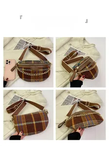 Detailed views of vintage plaid waist bag with gold chain and adjustable brown strap