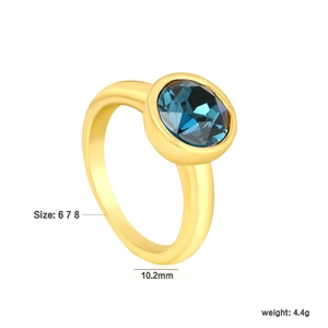 Detail shot of 18k gold plated stainless steel ring with a round blue gemstone inlay