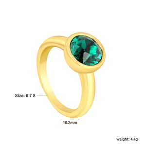 Detail view of 18k gold plated ring with a 10.2mm round green gem and size labels