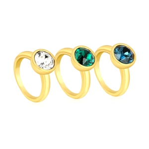Three-piece stackable 18K gold plated stainless steel rings with round emerald blue and clear gems
