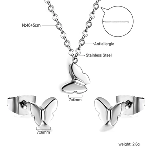 Detailed specs of stainless steel butterfly jewelry set featuring antiallergic properties