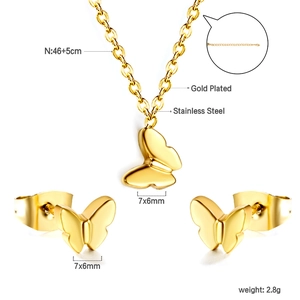 Detailed specs of gold butterfly necklace and earrings set in stainless steel